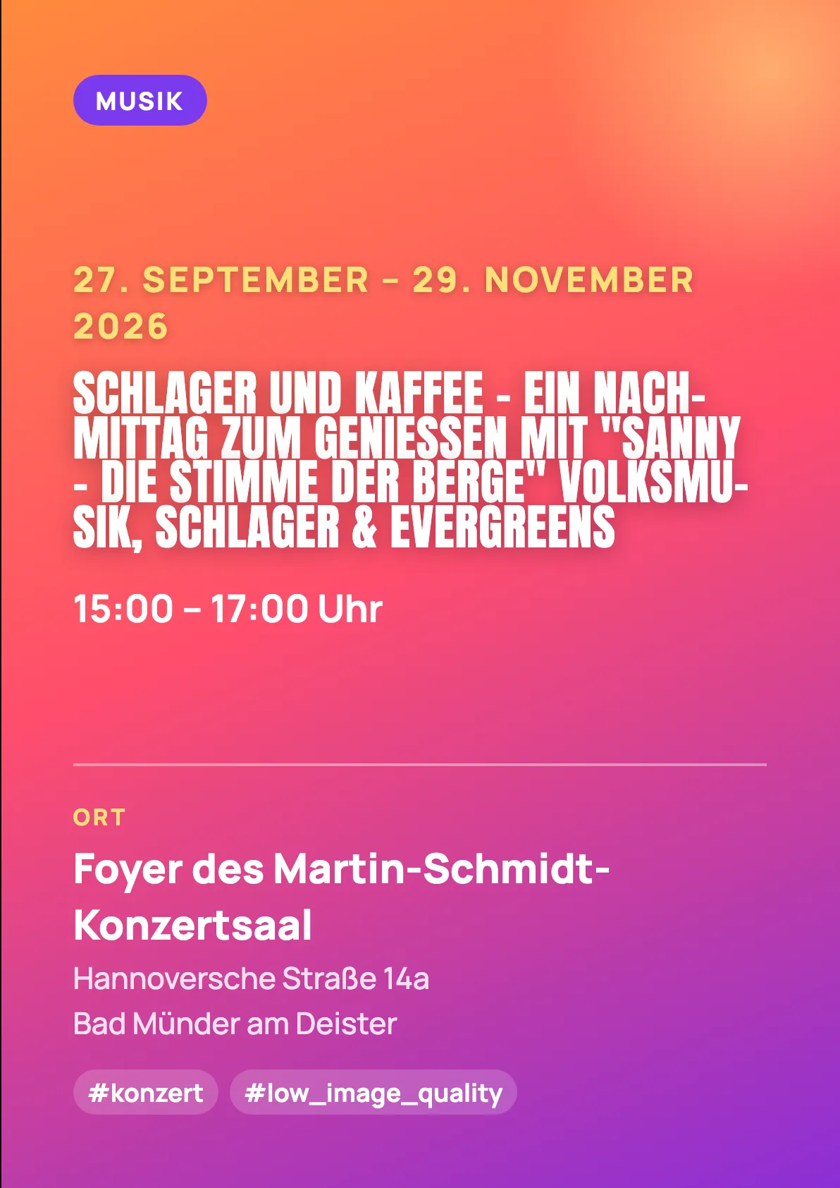 Schlager und Kaffee – Ein Nachmittag zum Genießen mit "Sanny - Die Stimme der Berge"  Volksmusik,…